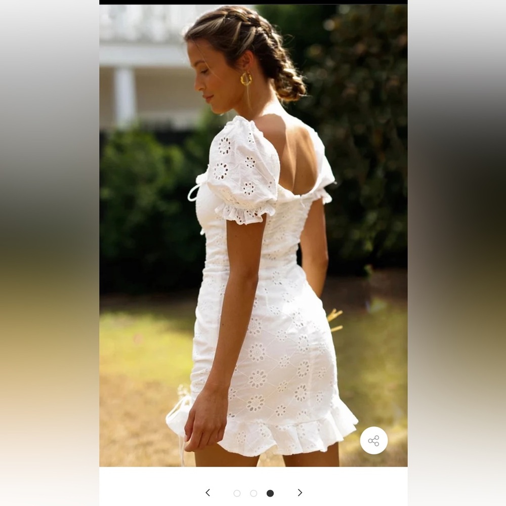 White Eyelet Dress with Puff Sleeves and Tie Front